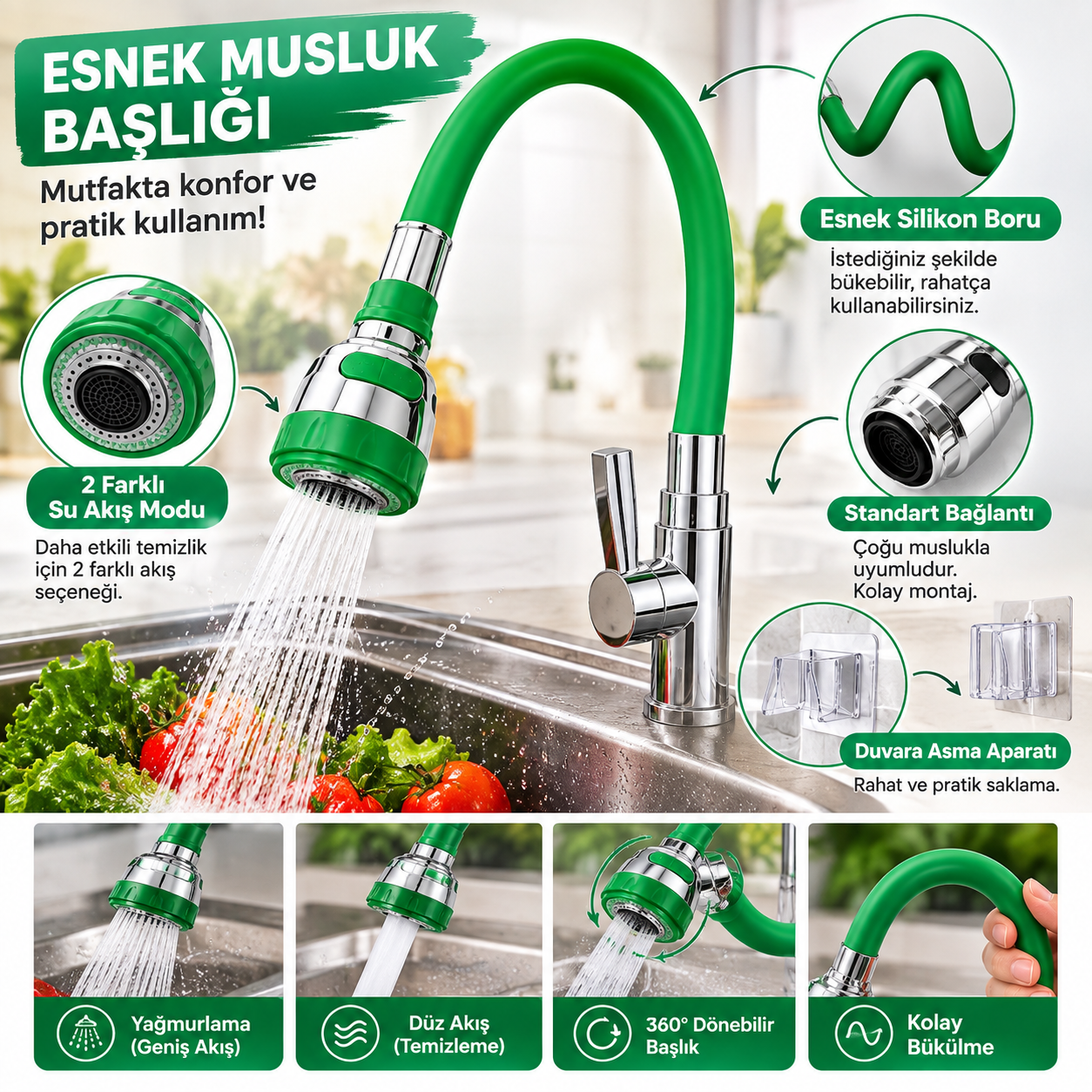 Esnek Mutfak Batarya Borusu 3 Fonksiyonlu Musluk Başlığı 360° Döner 3