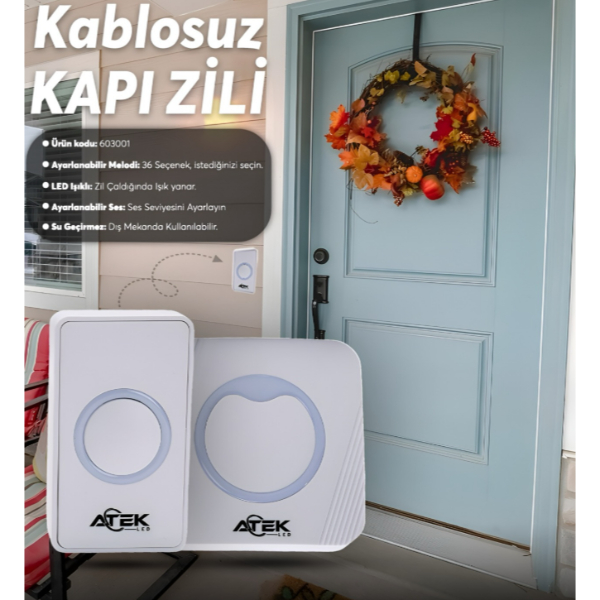 Kablosuz Kapı Zili - 36 Melodili LED Işıklı Ses Ayarlı Su Geçirmez Butonlu Elektronik Zil