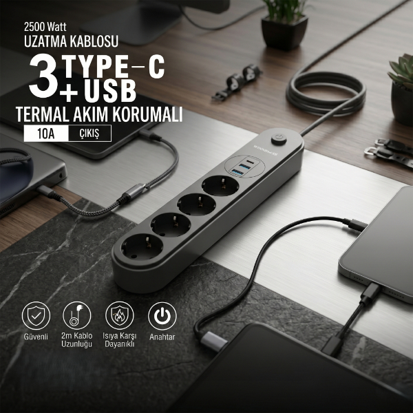 Termal Akım Korumalı 4 Prizli USB Girişli Uzatma Kablosu