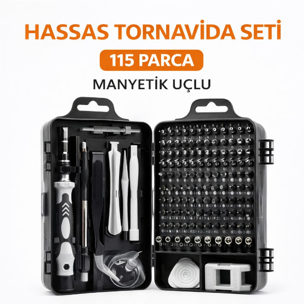 115 Parça Manyetik Uçlu Hassas Tornavida Seti – Profesyonel Tamir ve Onarım Seti