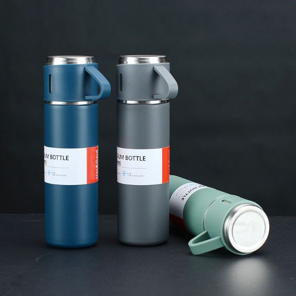 500 ML Vakumlu Çelik Termos 3 Bardaklı Set – Taşınabilir Sıcak Soğuk Termos Seti
