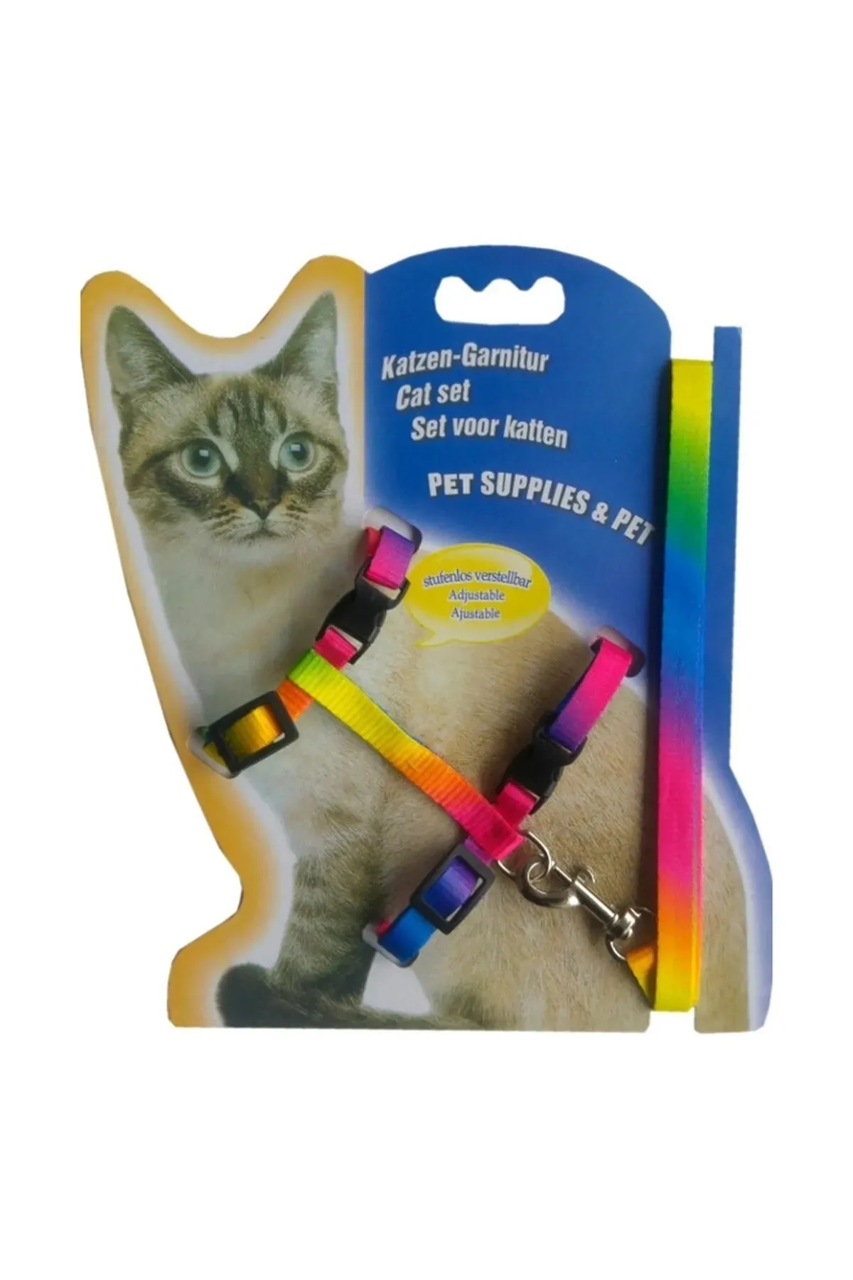 Gökkuşağı Kedi Göğüs Tasması ve Gezdirme İpi Seti – Ayarlanabilir
