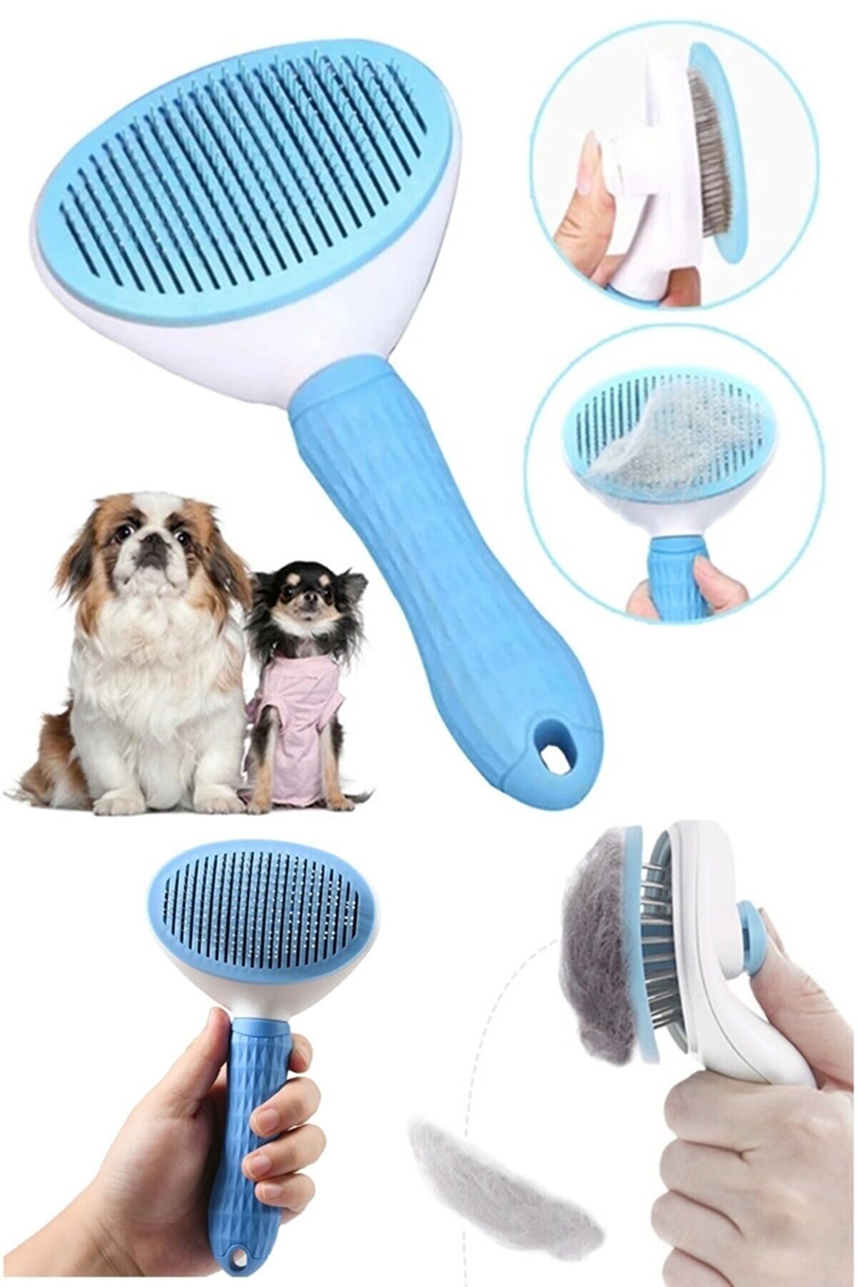 Otomatik Temizlenen Kedi Köpek Tüy Tarağı - Butonlu Pet Fırçası - Mavi Renk