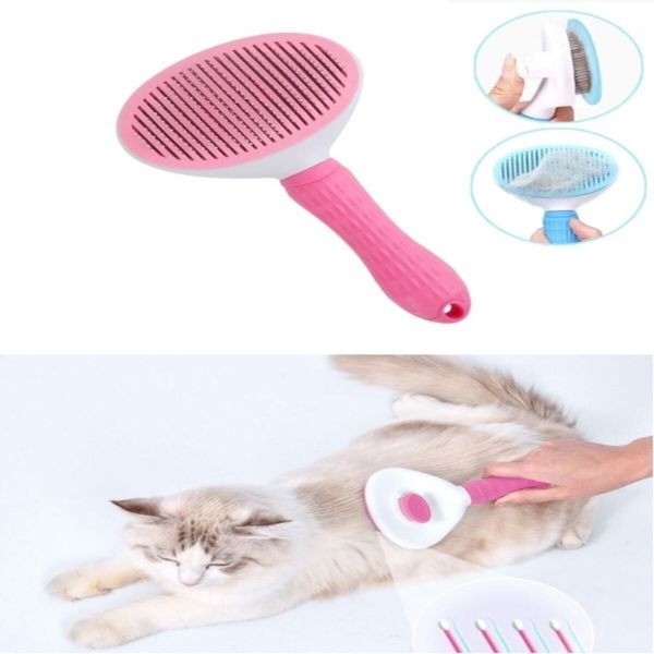 Kedi Köpek Tüy Toplama Fırçası – Tek Tuşla Temizlenen Pet Tarağı- Pembe Renk