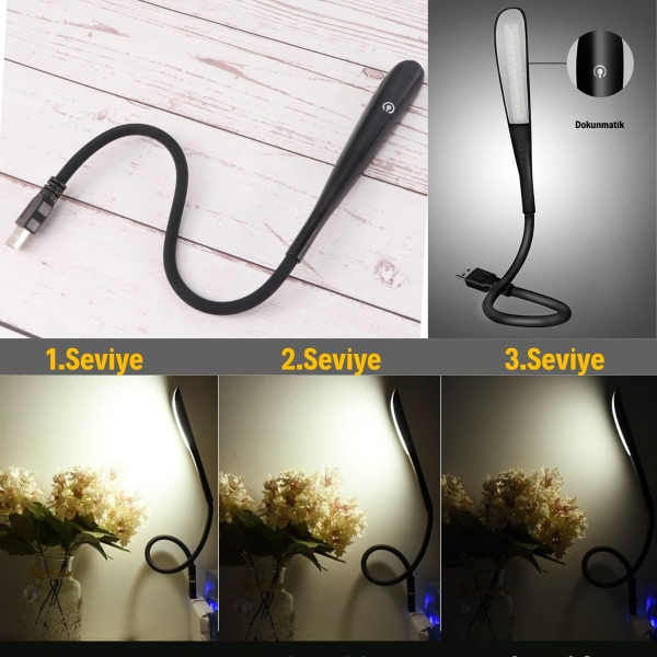 Kompakt USB Siyah 14 Ledli 3 Kademeli Dokunmatik Okuma Lambası 2