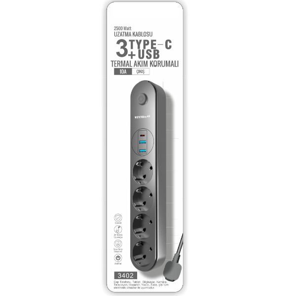 Termal Akım Korumalı 4 Prizli USB Girişli Uzatma Kablosu 2