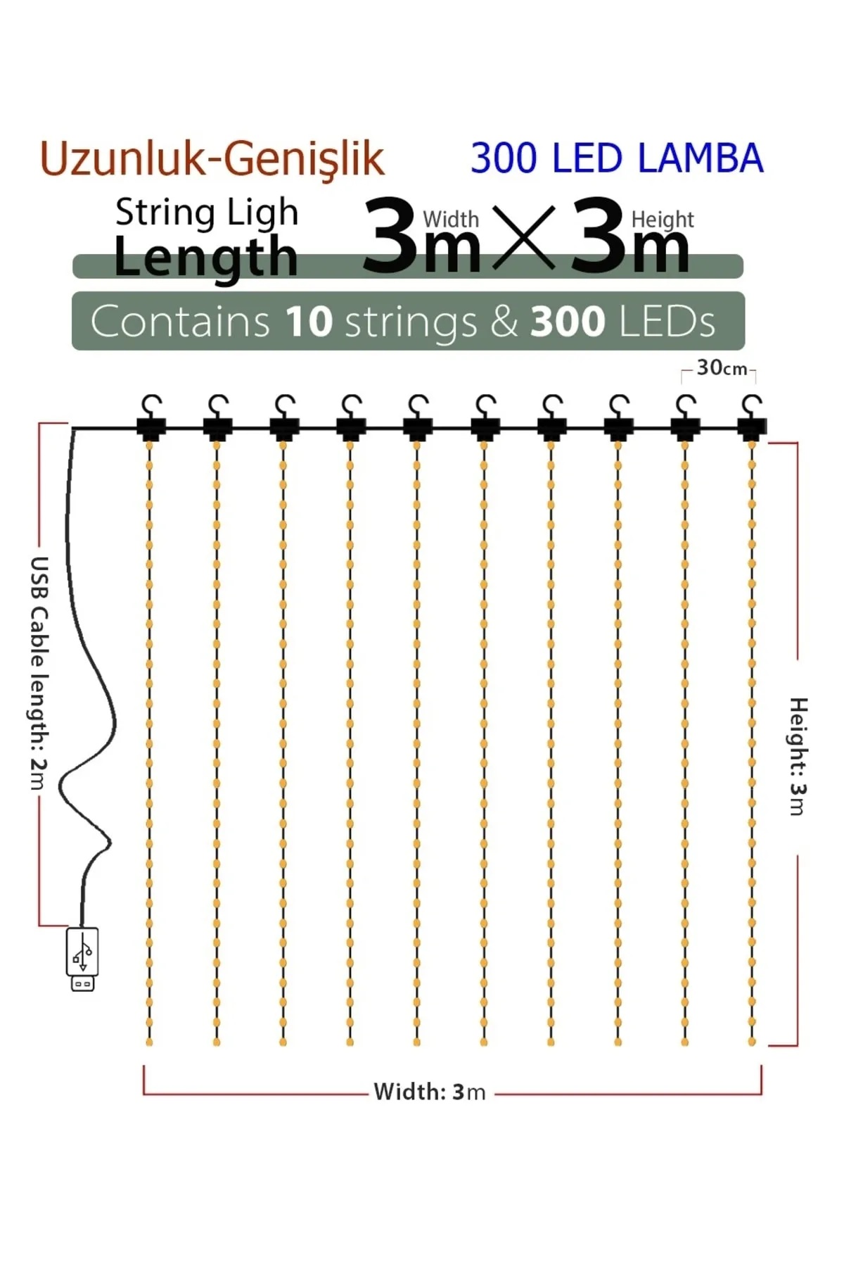 8 Fonksiyonlu Peri Perde Led Uzaktan Kumandalı Günışığı Perde Peri Led (3 mt x 3 mt) 3
