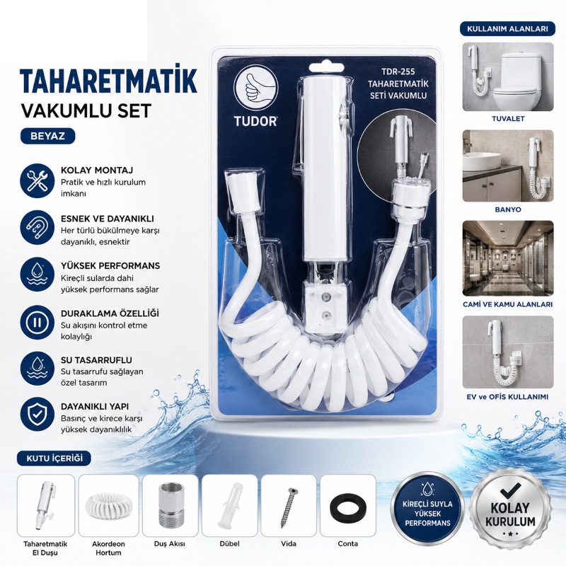 Spiral Hortumlu Taharet Musluğu Seti - El Tipi Basmalı Klozet Temizleme ve Bide Duş Başlığı 3