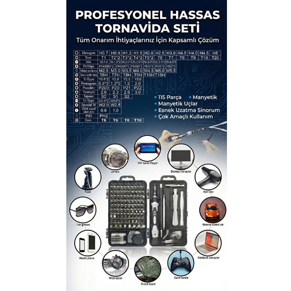 115 Parça Manyetik Uçlu Hassas Tornavida Seti – Profesyonel Tamir ve Onarım Seti 3