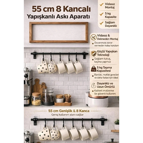 8 Kancalı Yapışkanlı Askı Aparatı 2