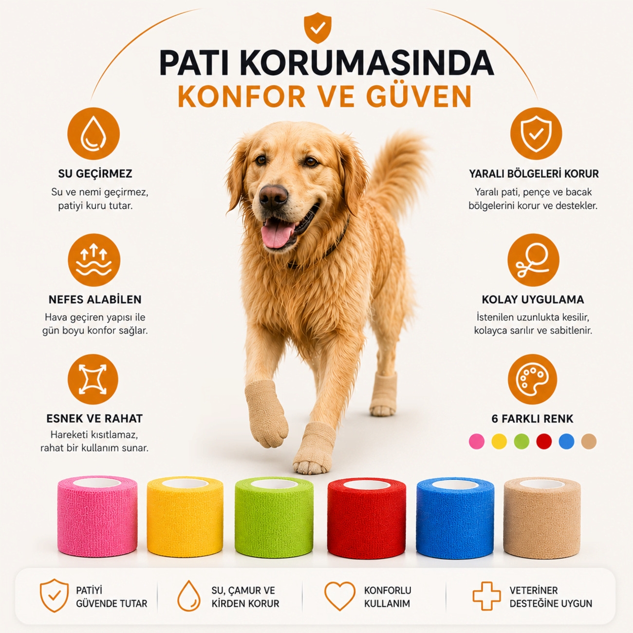 Kendinden Yapışkanlı Pet Bandajı – Elastik Kedi Köpek Pati Sargı Bandı 4