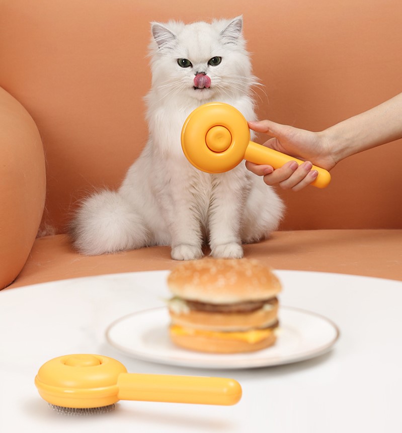 Butonlu Kedi Köpek Tüy Tarağı – Kolay Temizlenen Evcil Hayvan Fırçası - Hamburger Şekilli 4
